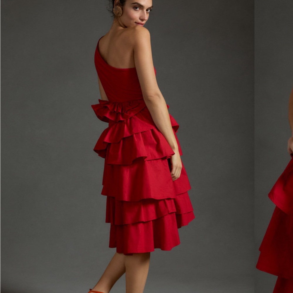 Anthropologie Red Tiered Ruffle One Shoulder Party Dress NWT - Picture 2 of 12